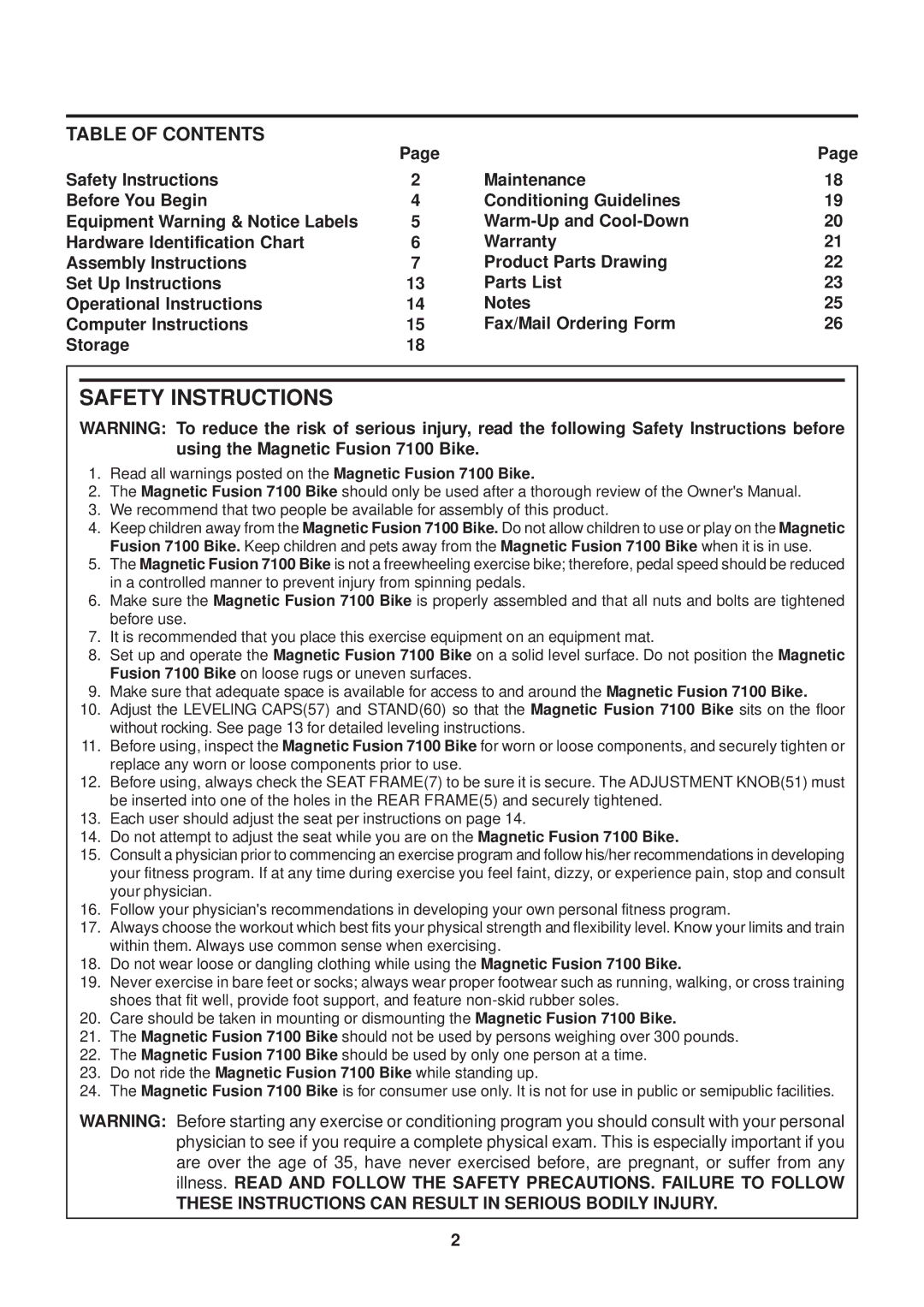 Stamina Products 15-7100B owner manual Safety Instructions, Table of Contents 