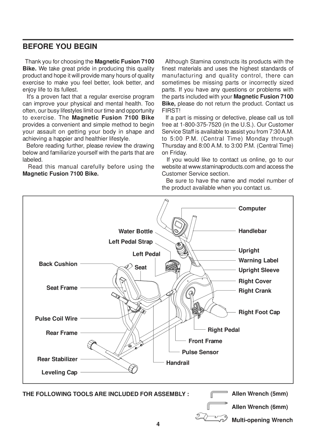 Stamina Products 15-7100B owner manual Before YOU Begin, Magnetic Fusion 7100 Bike 