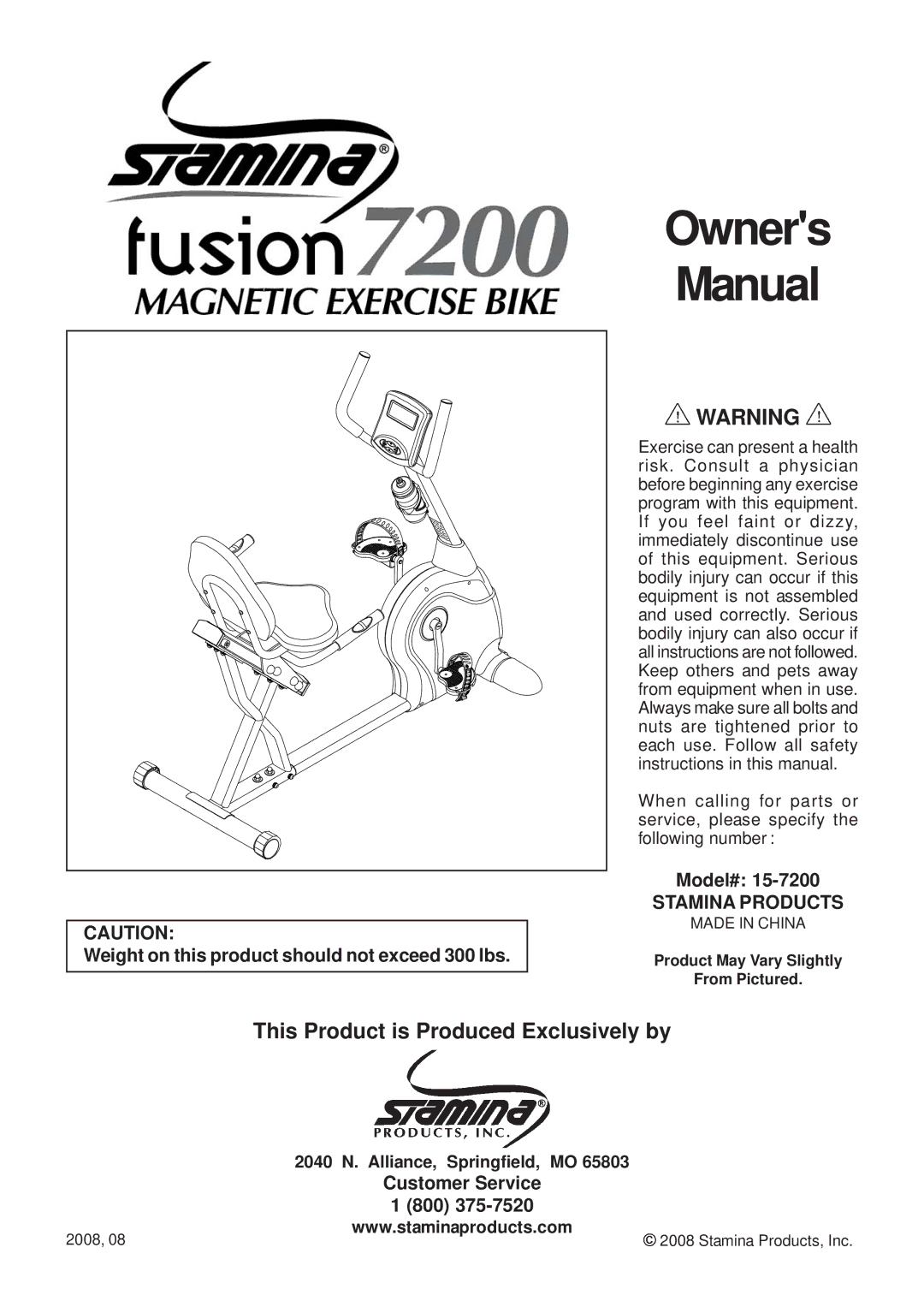 Stamina Products 15-7200 owner manual Owners Manual, Stamina Products 