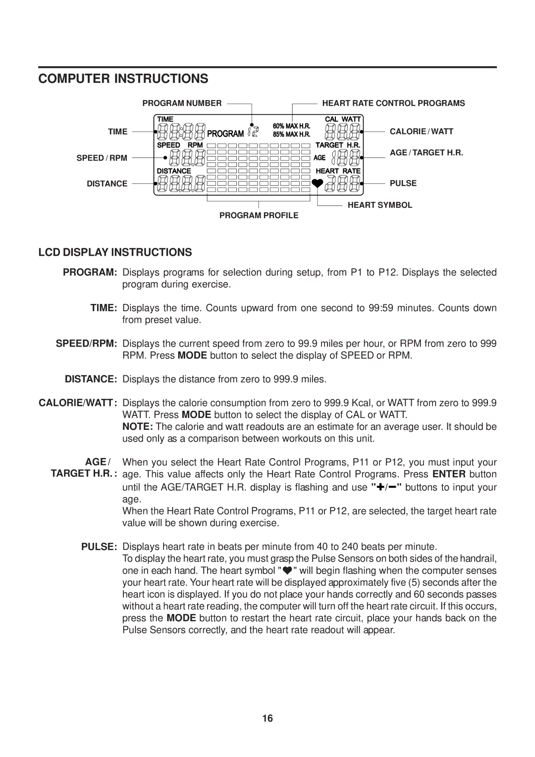 Stamina Products 15-7200 owner manual LCD Display Instructions 