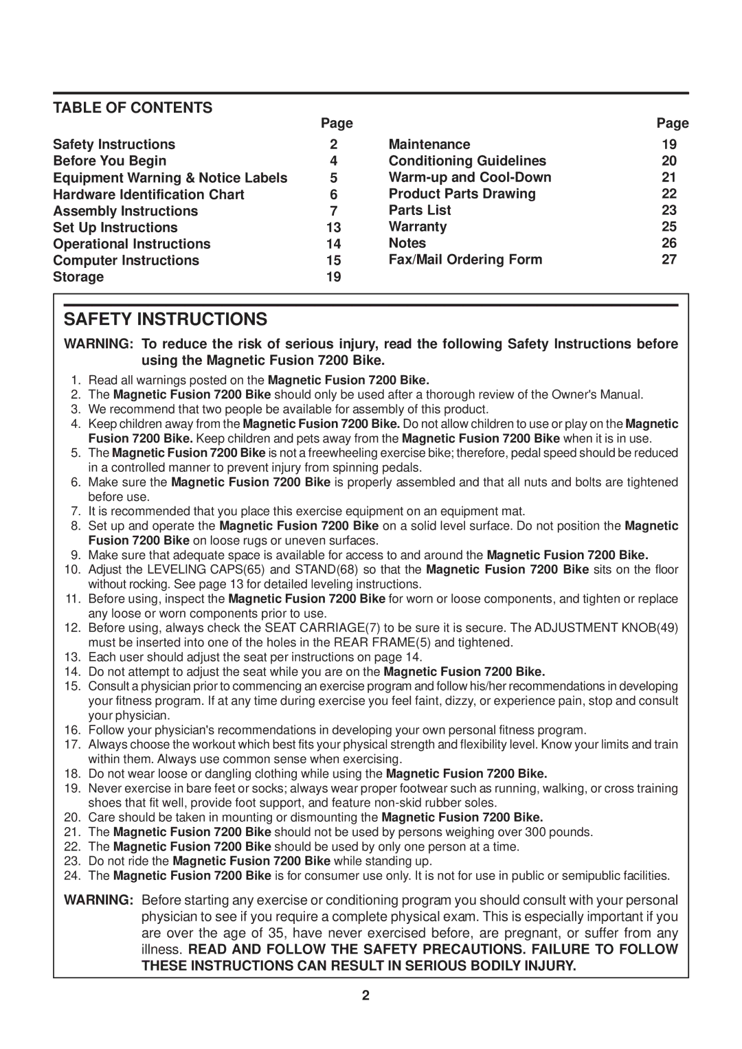 Stamina Products 15-7200 owner manual Safety Instructions, Table of Contents 