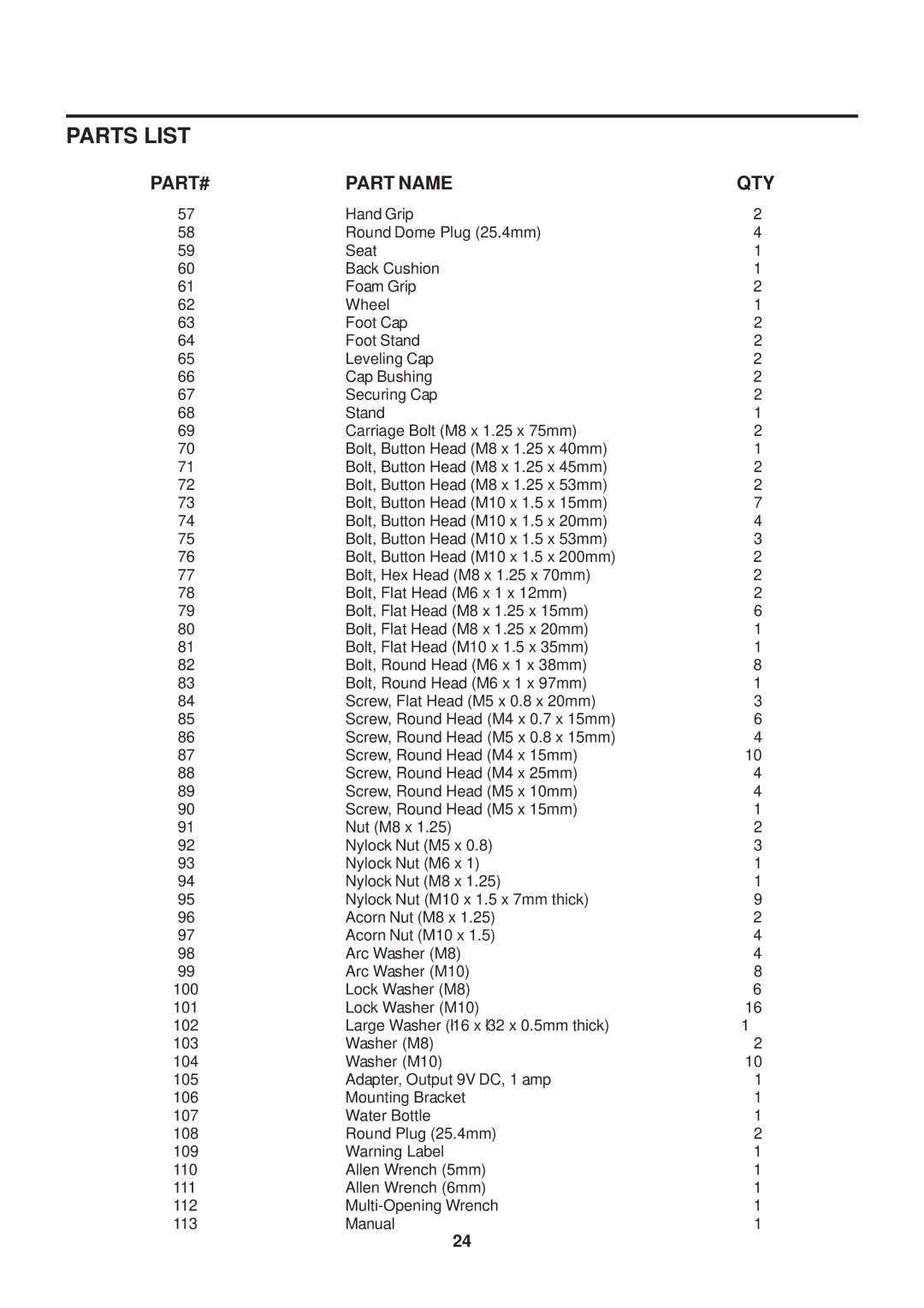 Stamina Products 15-7200 owner manual PART# Part Name QTY, Water Bottle 