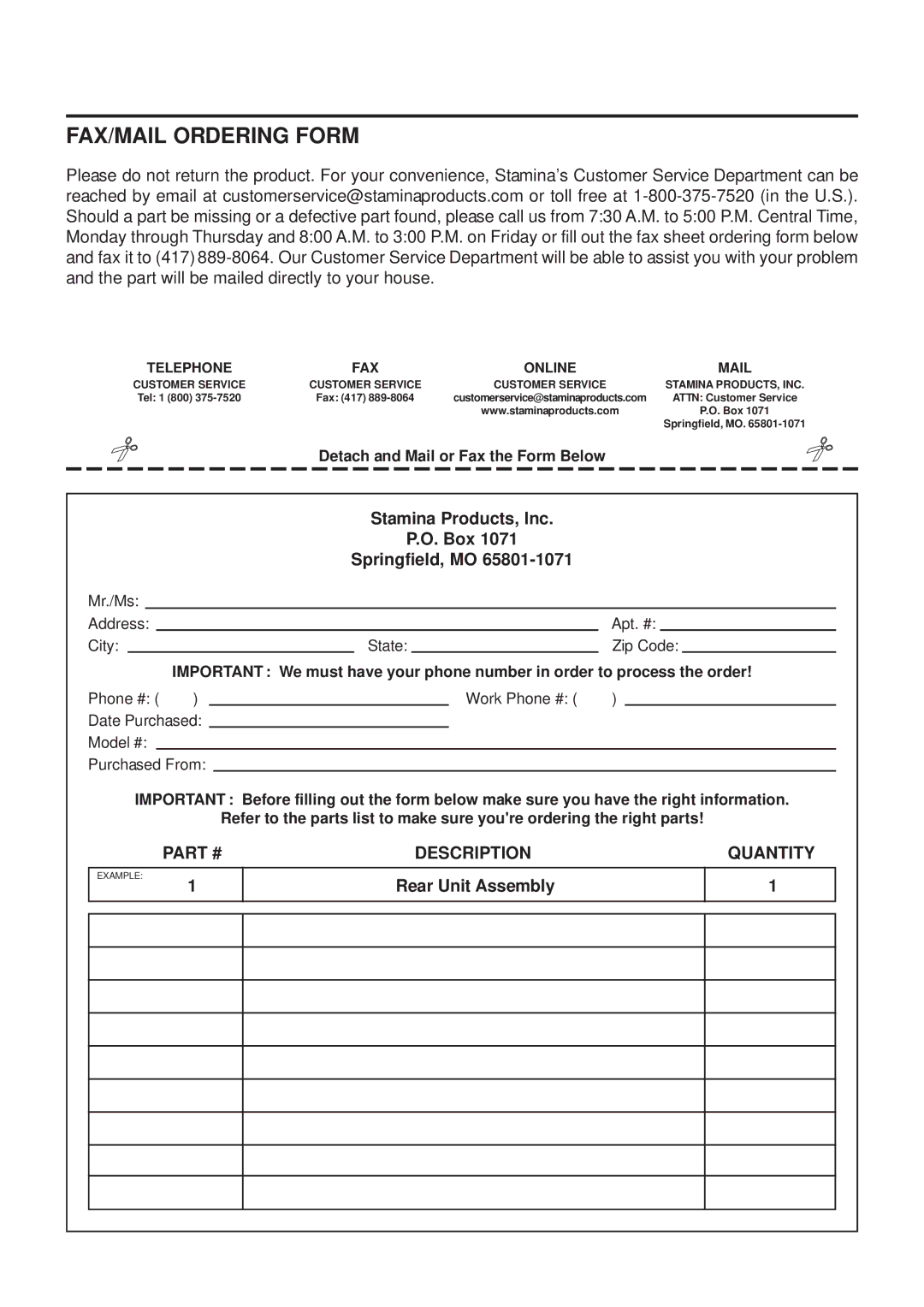 Stamina Products 15-7200 owner manual FAX/MAIL Ordering Form, Stamina Products, Inc Box Springfield, MO 