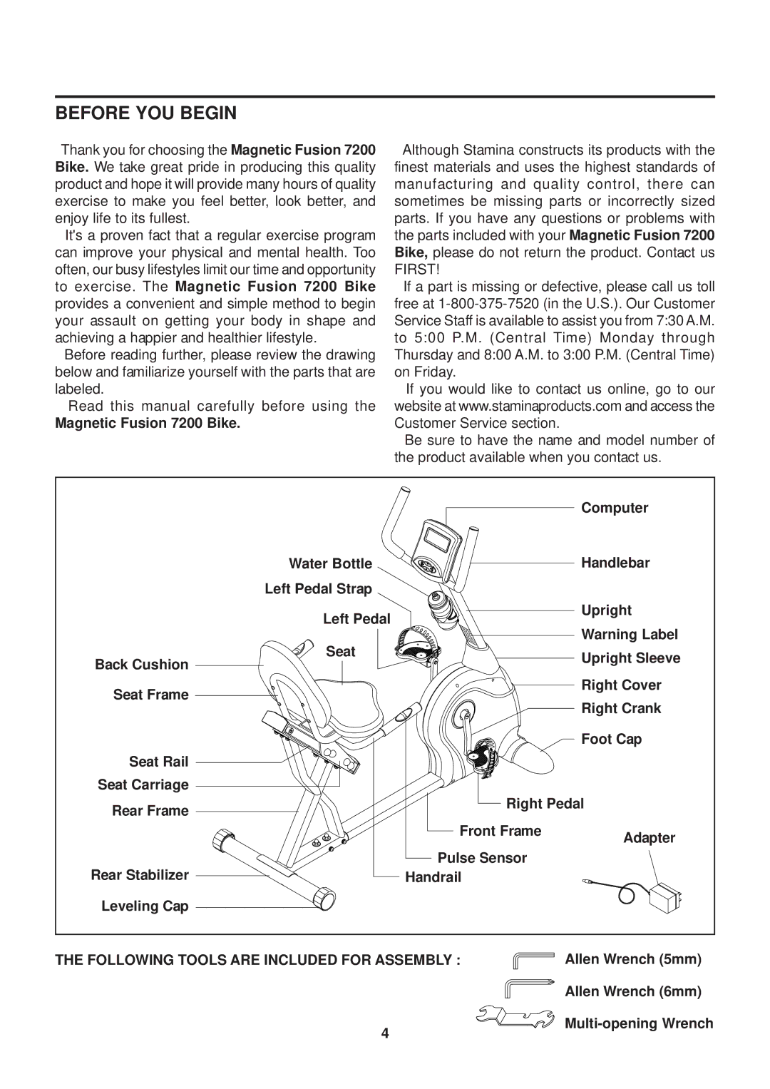 Stamina Products 15-7200 owner manual Before YOU Begin, Magnetic Fusion 7200 Bike 