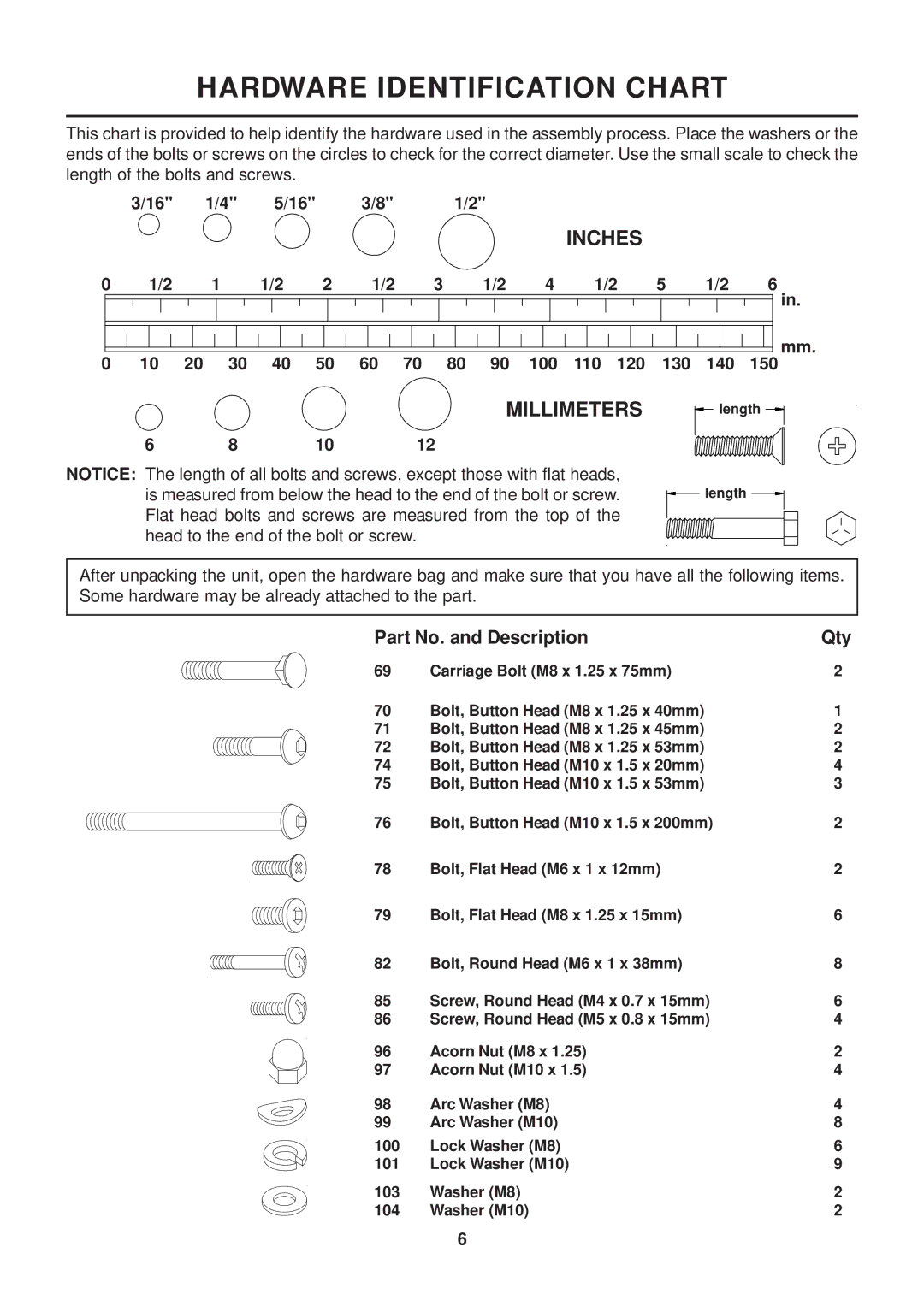 Stamina Products 15-7200 owner manual Hardware Identification Chart 