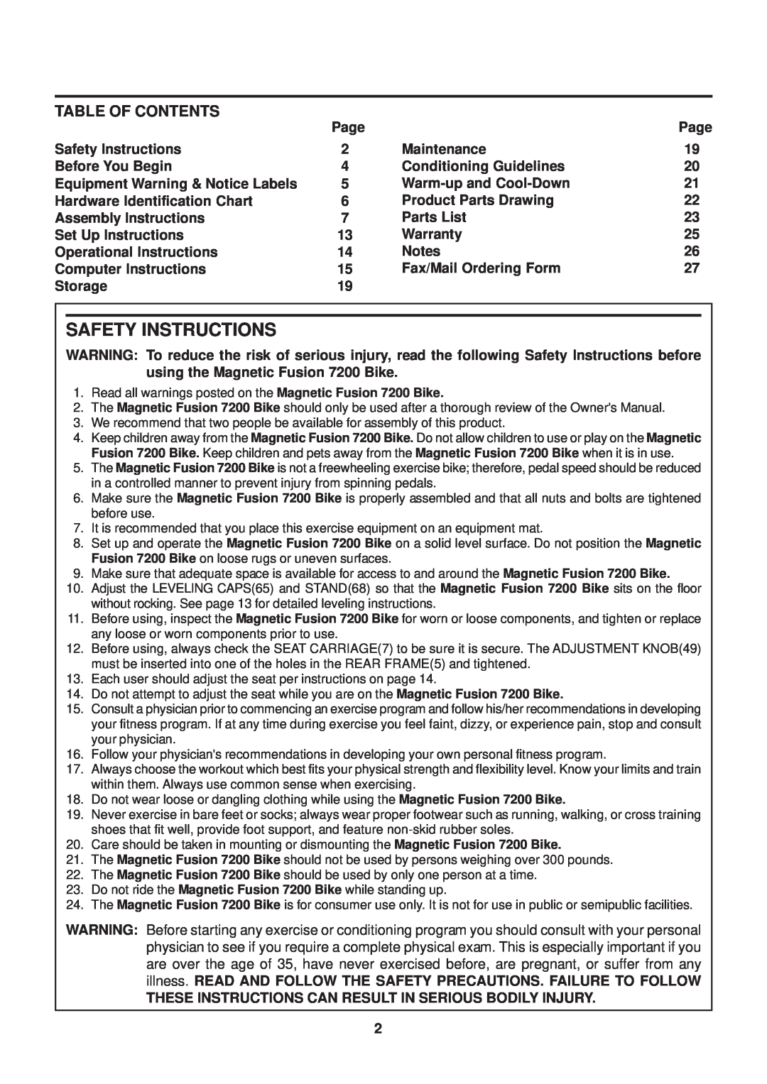 Stamina Products 15-7200 owner manual Safety Instructions, Table Of Contents 