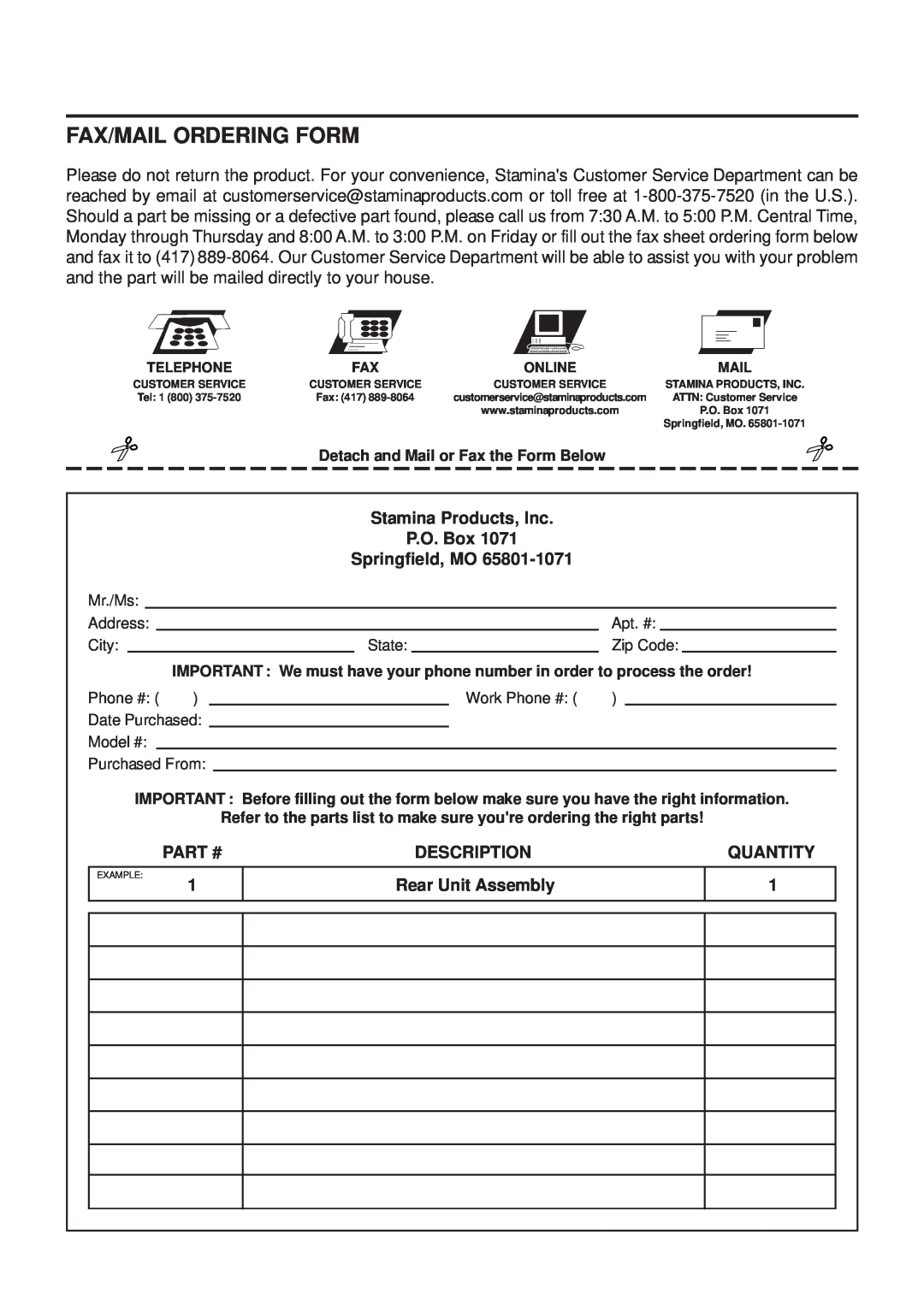 Stamina Products 15-7200 Fax/Mail Ordering Form, Stamina Products, Inc P.O. Box Springfield, MO, Rear Unit Assembly 