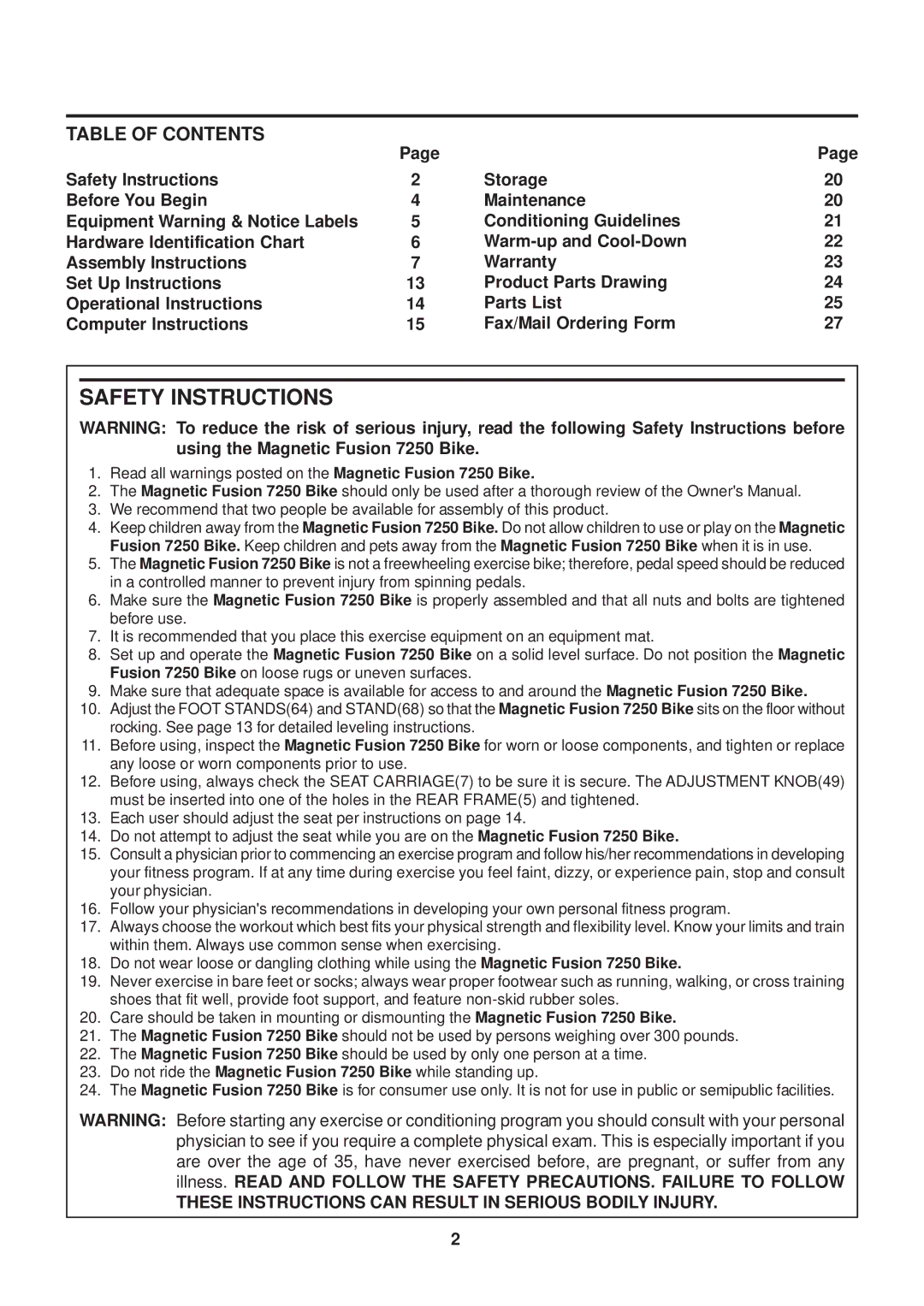 Stamina Products 15-7250 owner manual Safety Instructions, Table of Contents 