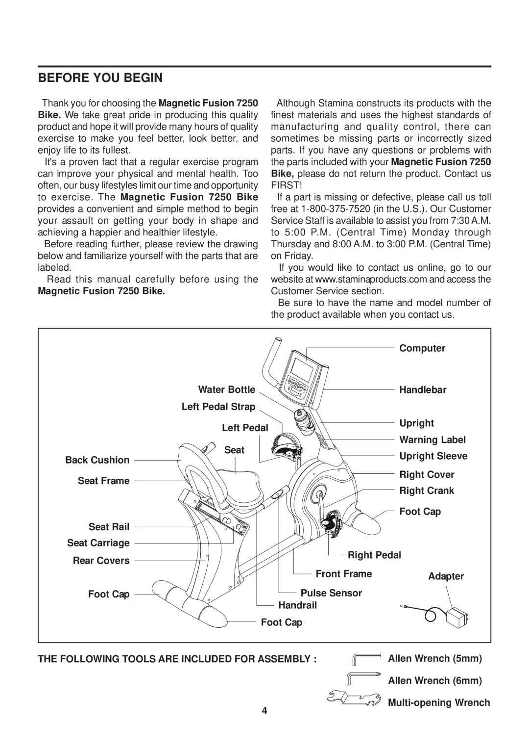 Stamina Products 15-7250 owner manual Before YOU Begin, Magnetic Fusion 7250 Bike 