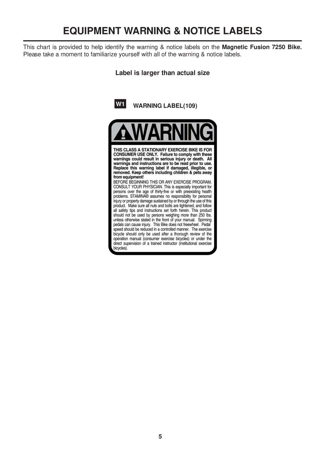 Stamina Products 15-7250 owner manual Equipment Warning & Notice Labels 