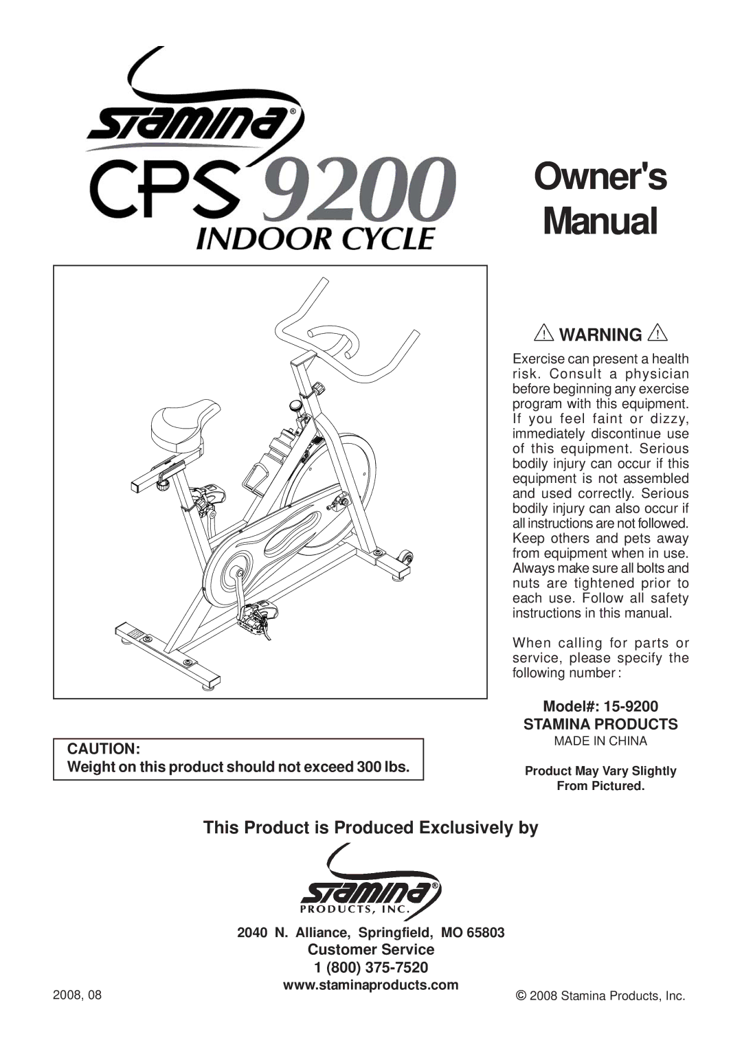 Stamina Products 15-9200 owner manual Owners Manual, Stamina Products 