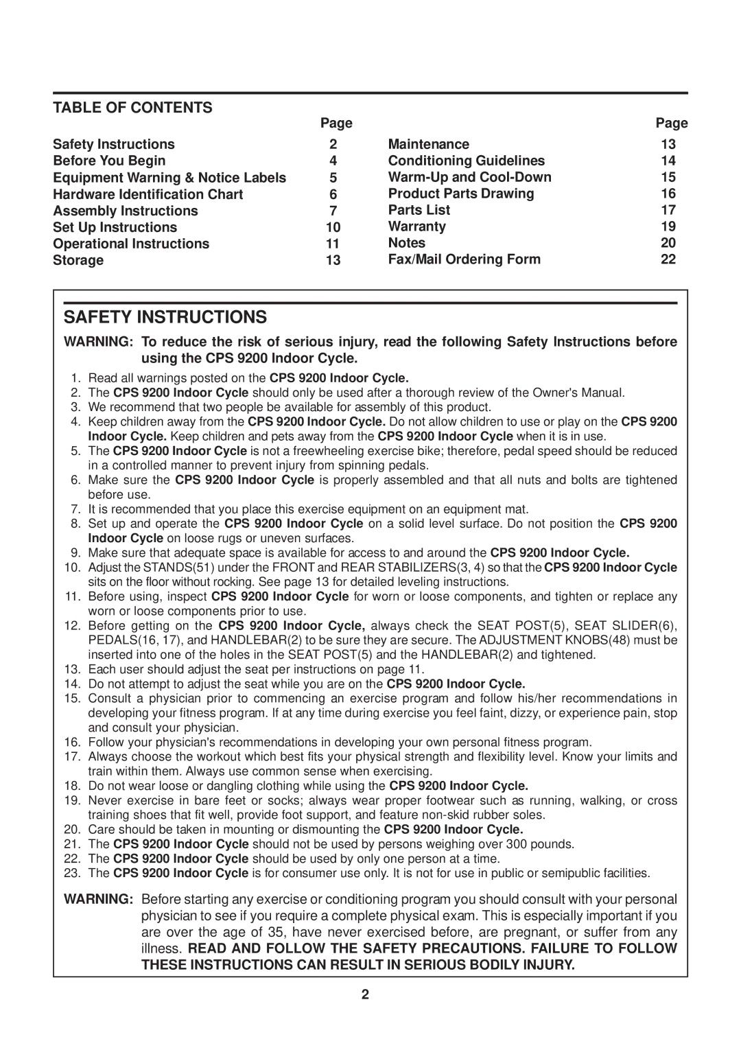 Stamina Products 15-9200 owner manual Safety Instructions, Table of Contents 