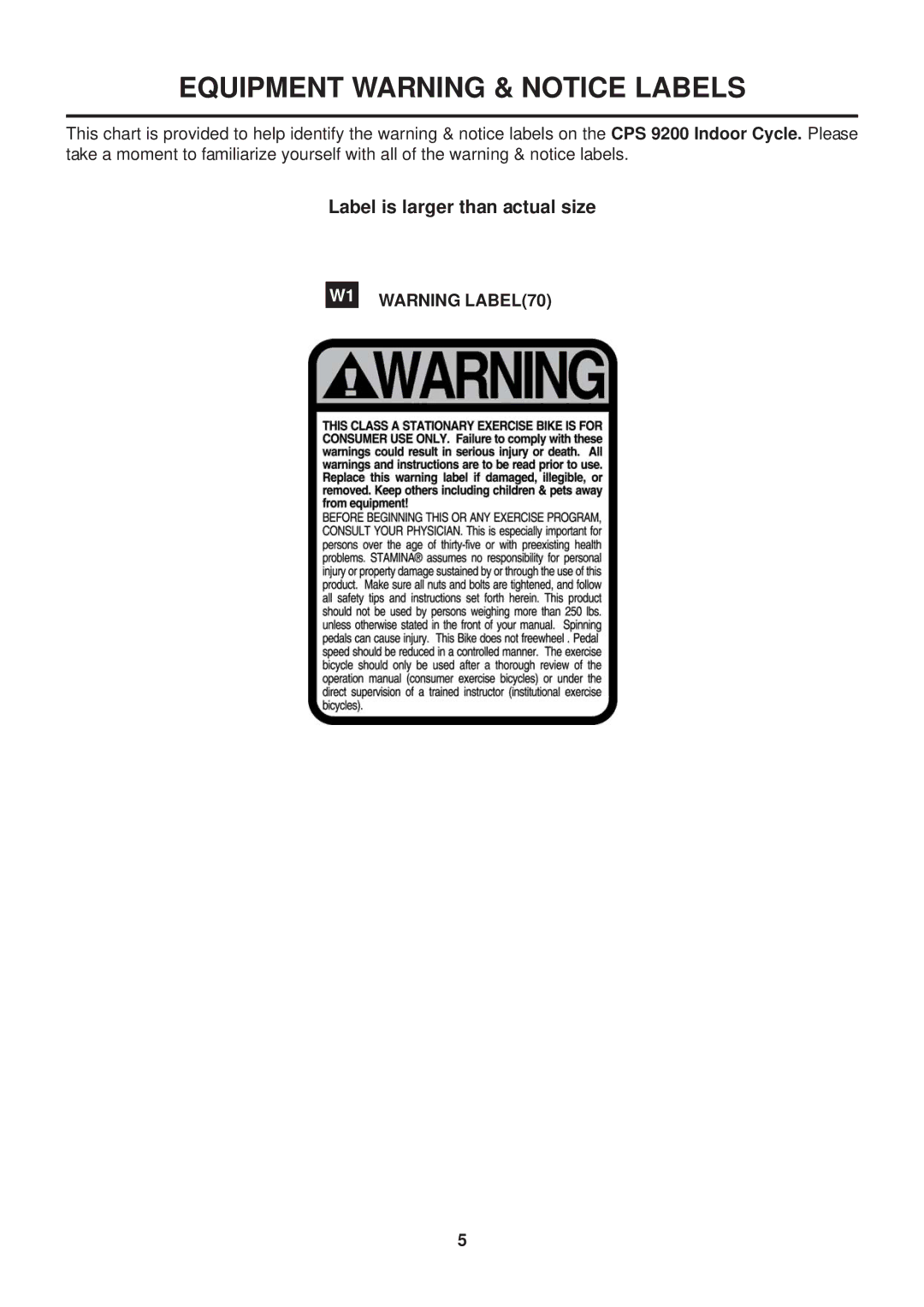 Stamina Products 15-9200 owner manual Equipment Warning & Notice Labels 