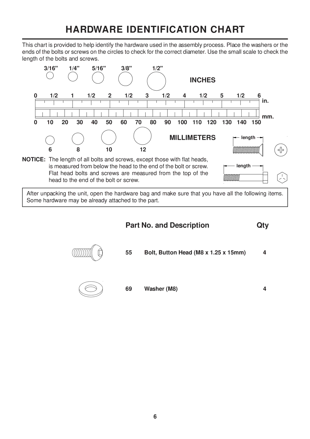 Stamina Products 15-9200 owner manual Hardware Identification Chart 