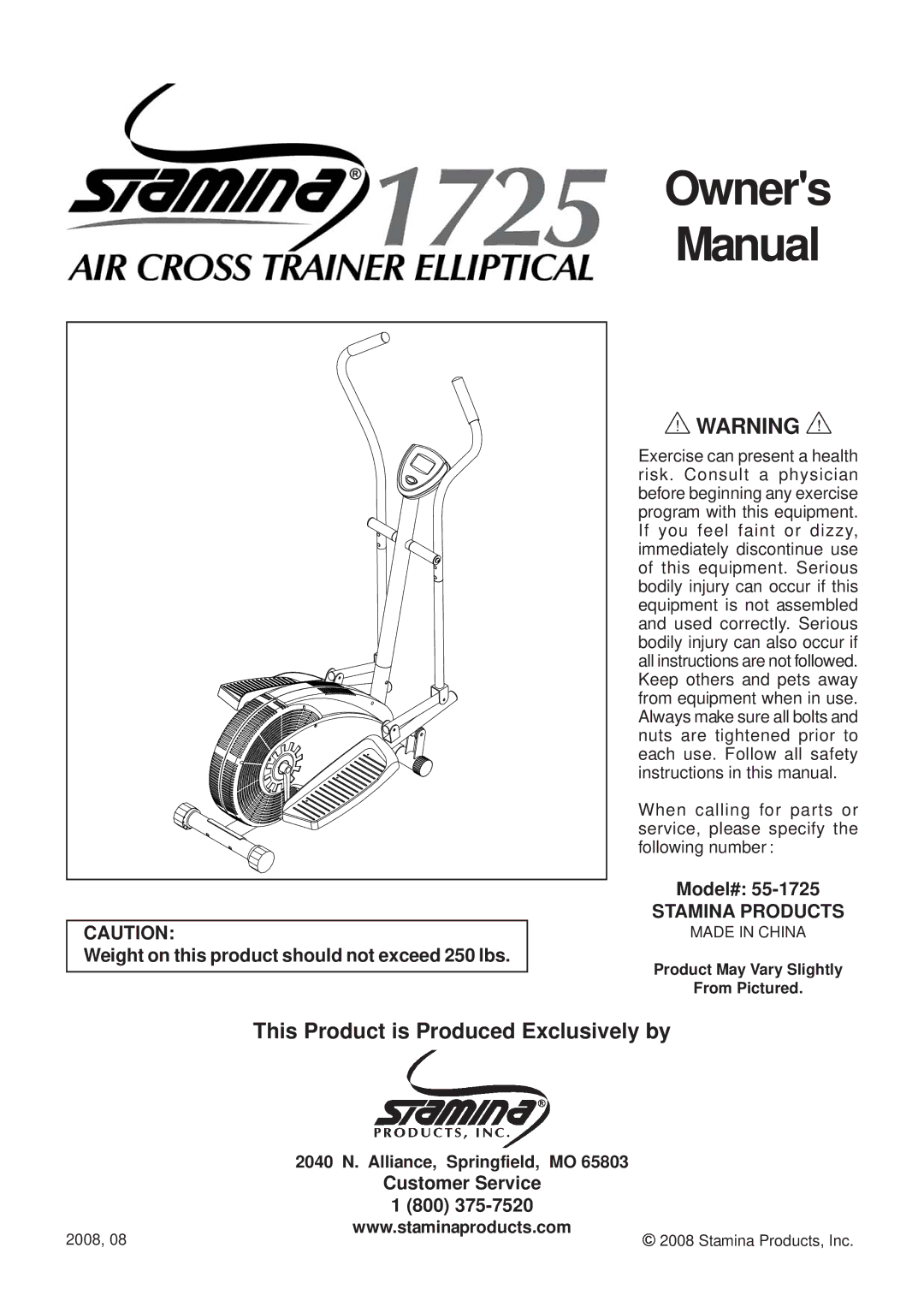 Stamina Products 1725 owner manual This Product is Produced Exclusively by, Stamina Products 