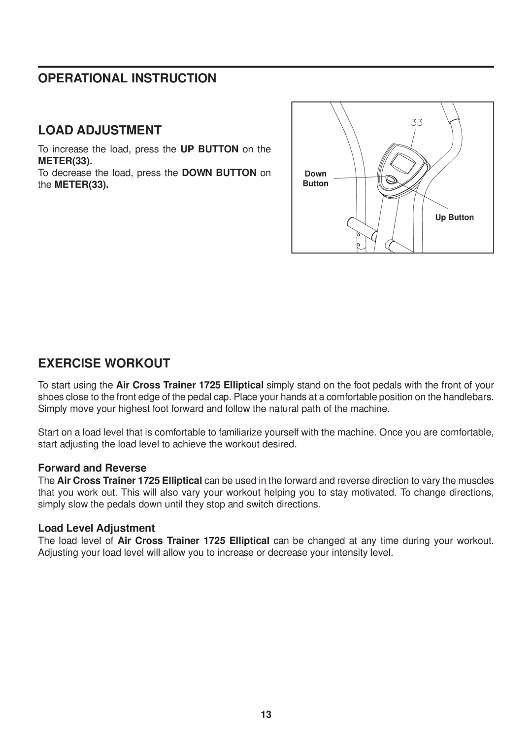 Stamina Products 1725 owner manual Operational Instruction Load Adjustment, Exercise Workout, METER33 