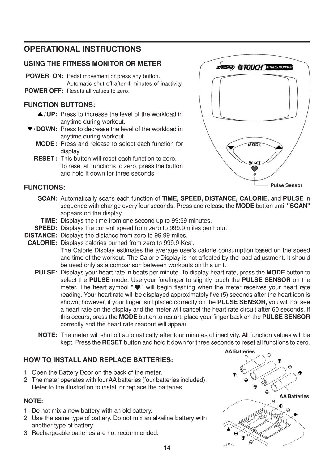 Stamina Products 1725 Operational Instructions, Using the Fitness Monitor or Meter, Function Buttons, Functions 