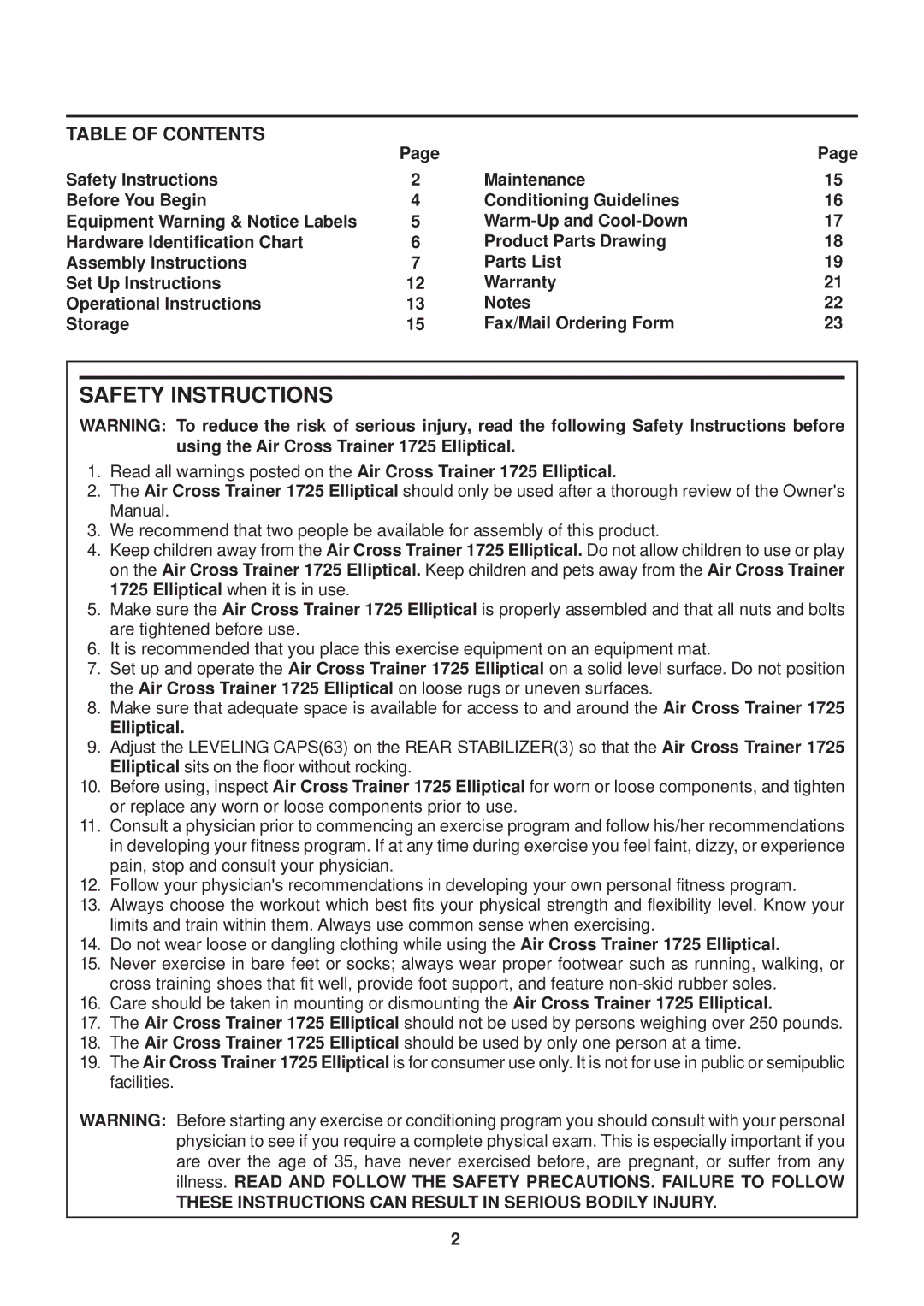 Stamina Products 1725 owner manual Safety Instructions, Table of Contents 