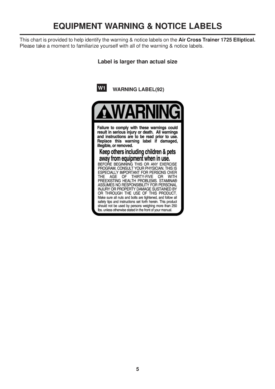 Stamina Products 1725 owner manual Equipment Warning & Notice Labels 