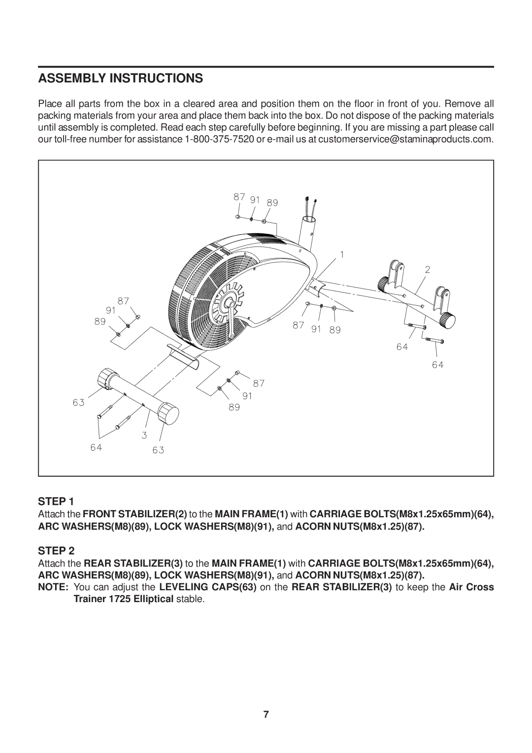 Stamina Products 1725 owner manual Assembly Instructions, Step 