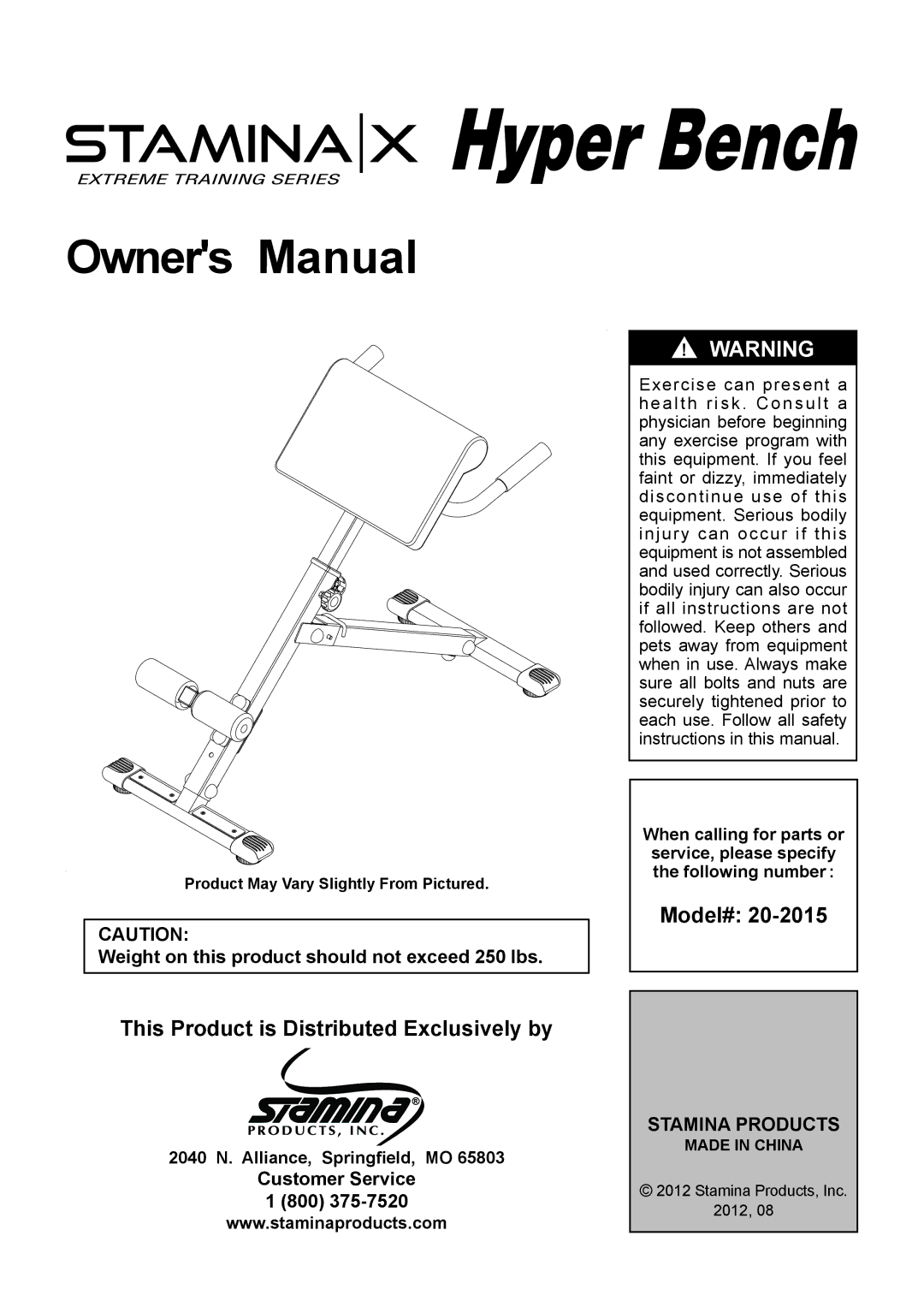 Stamina Products 20-2015 owner manual Hyper Bench 