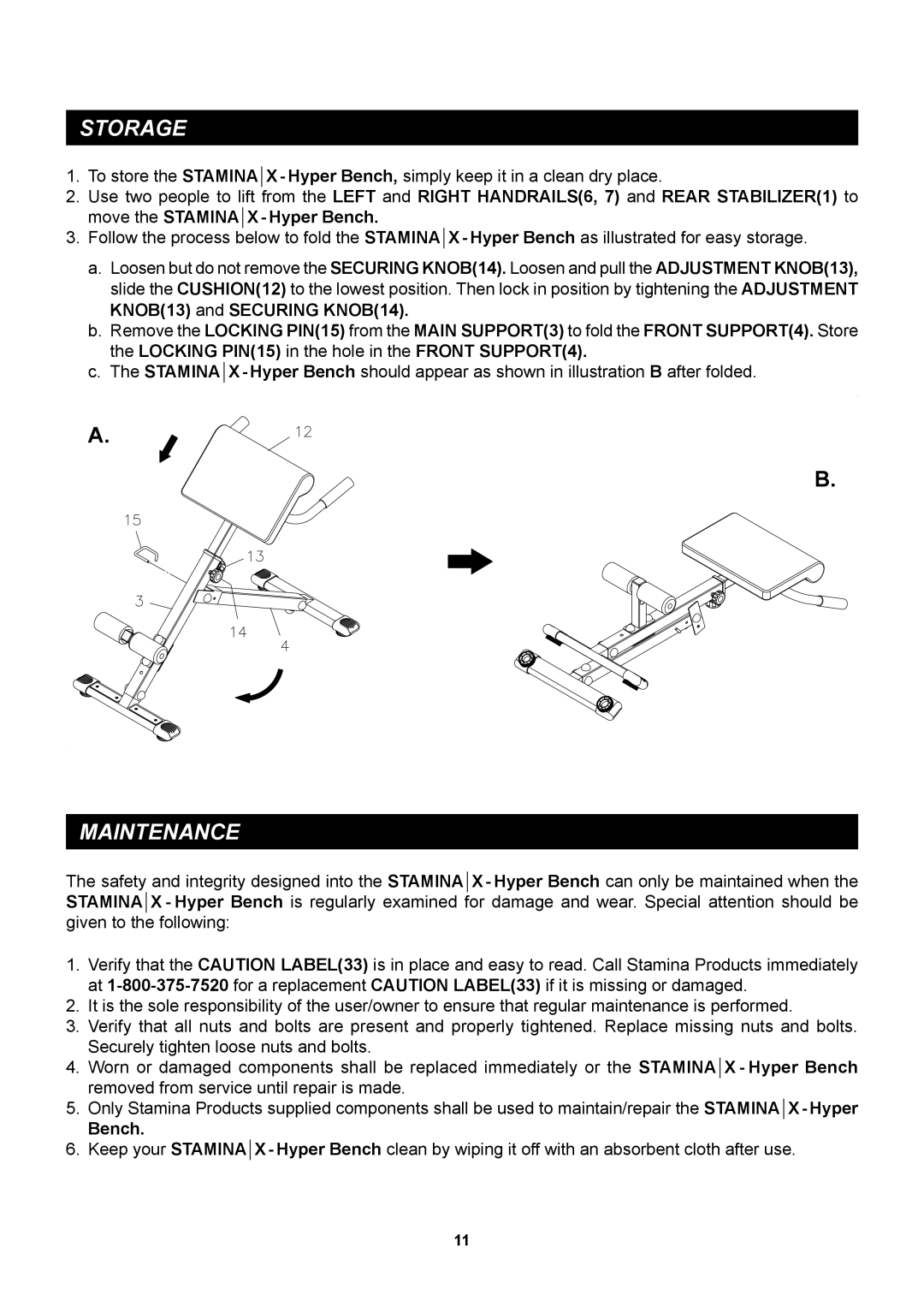 Stamina Products 20-2015 owner manual Storage, Maintenance 