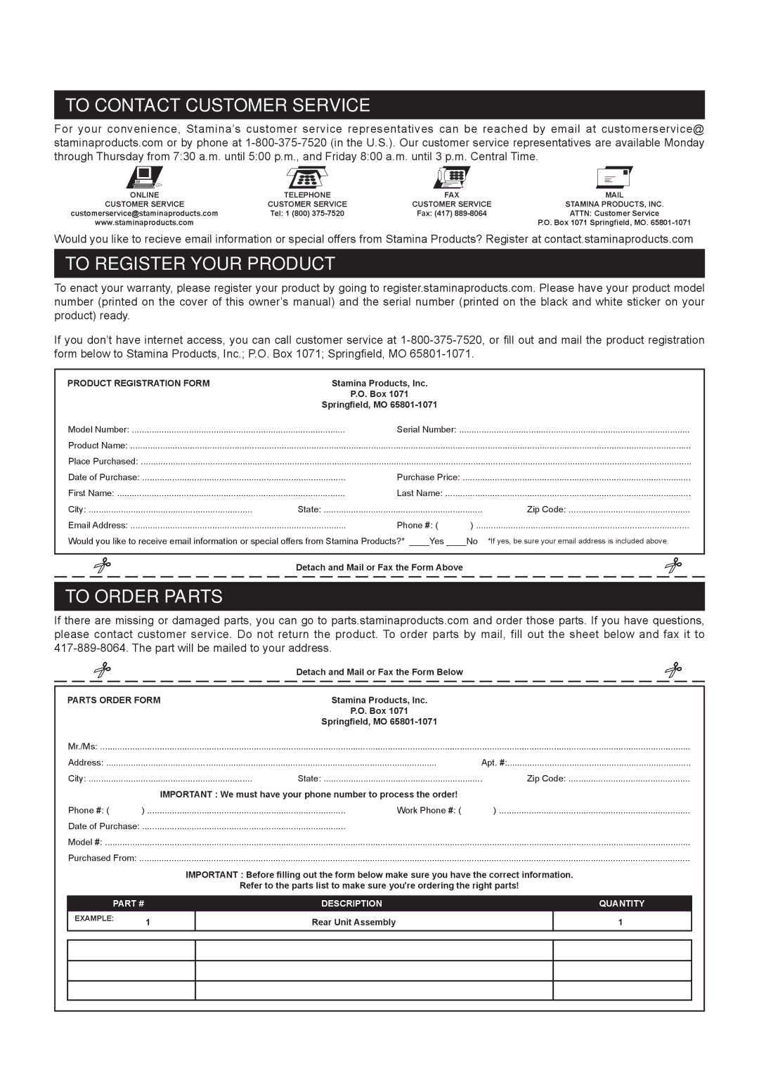 Stamina Products 20-2015 owner manual To Contact Customer Service, To Register Your Product, To Order Parts 