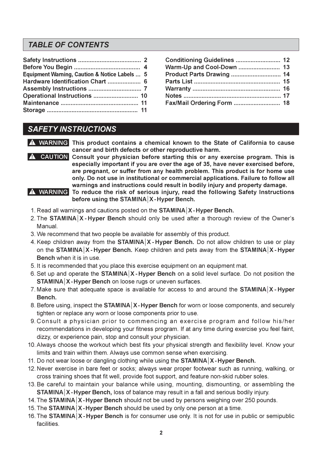 Stamina Products 20-2015 owner manual Table of Contents, Safety Instructions 