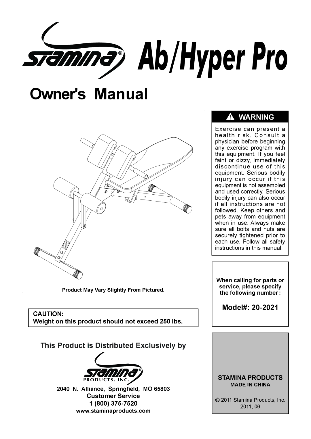 Stamina Products 20-2021 owner manual Ab/Hyper Pro 