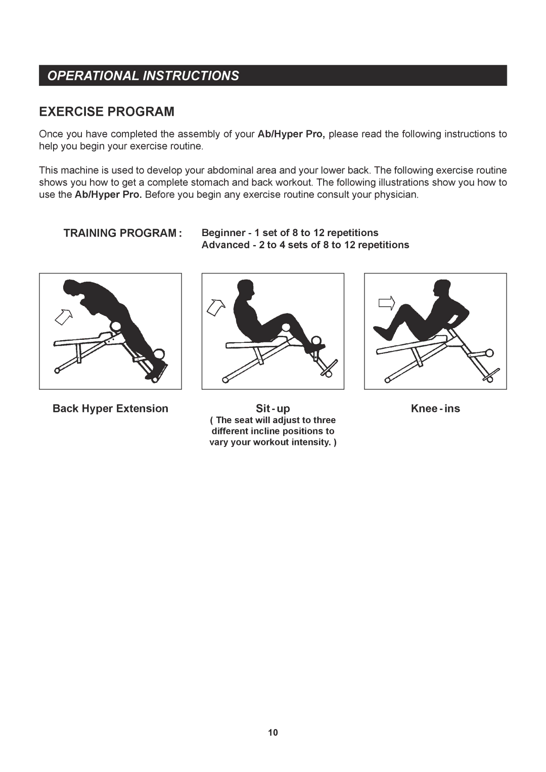 Stamina Products 20-2021 owner manual Operational Instructions, Exercise Program 