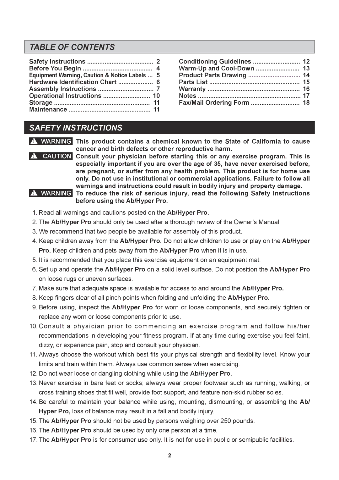 Stamina Products 20-2021 owner manual Table of Contents, Safety Instructions 