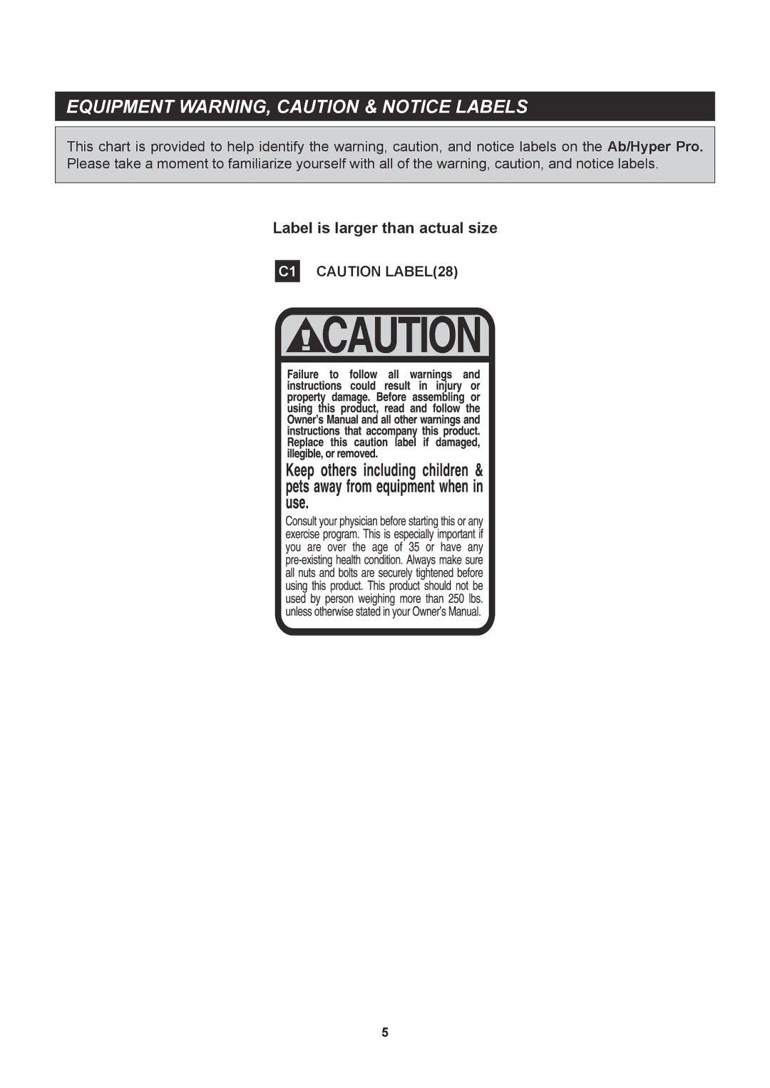 Stamina Products 20-2021 owner manual Equipment WARNING, Caution & Notice Labels 