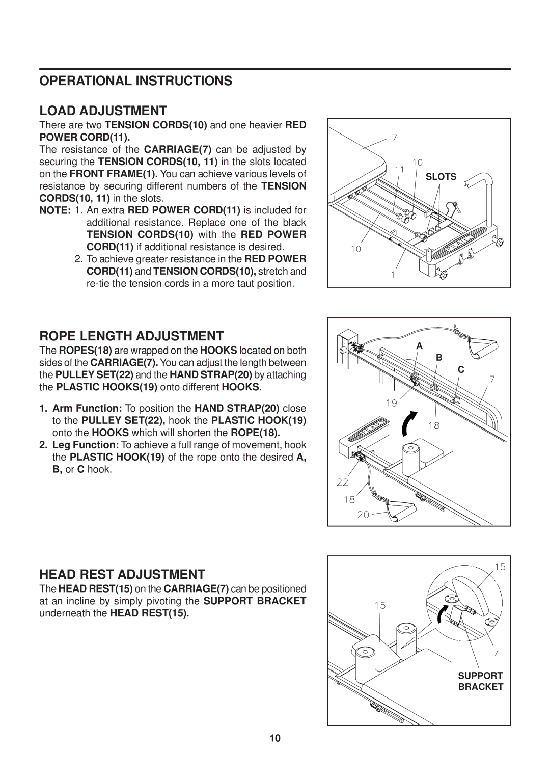 Stamina Products 270 owner manual Operational Instructions Load Adjustment, Rope Length Adjustment, Head Rest Adjustment 