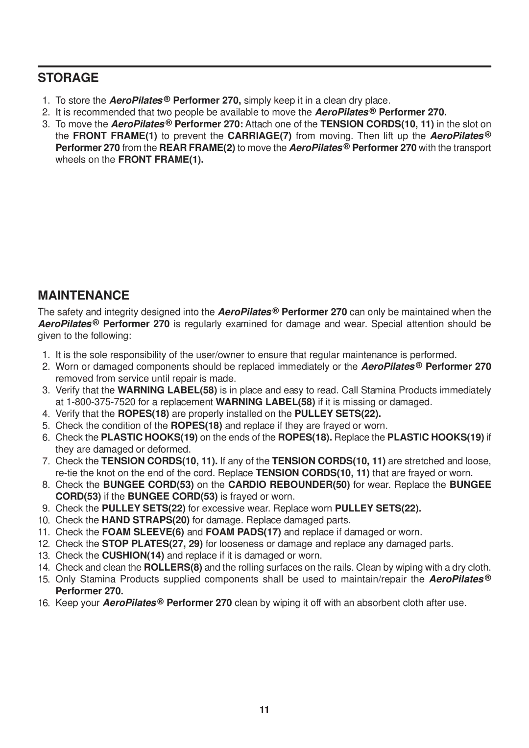 Stamina Products 270 owner manual Storage, Maintenance 