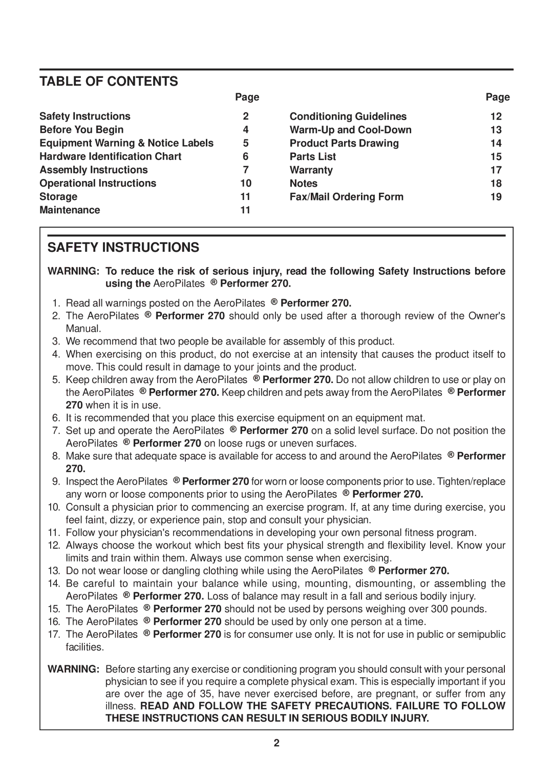 Stamina Products 270 owner manual Table of Contents, Safety Instructions 