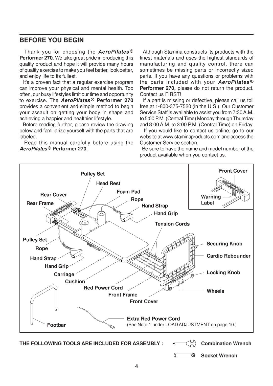 Stamina Products 270 owner manual Before YOU Begin, AeroPilates Performer 