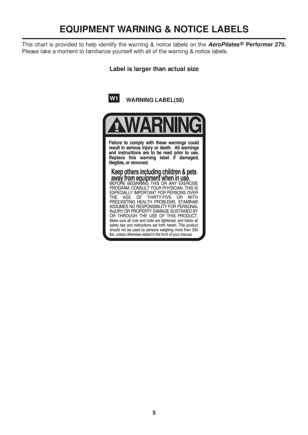 Stamina Products 270 owner manual Equipment Warning & Notice Labels 