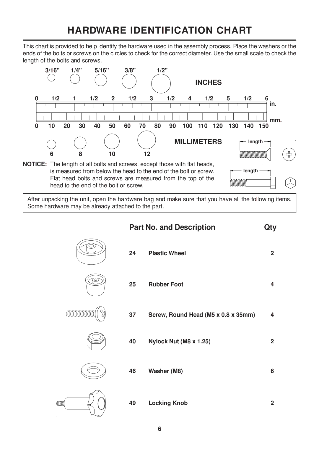 Stamina Products 270 owner manual Hardware Identification Chart 