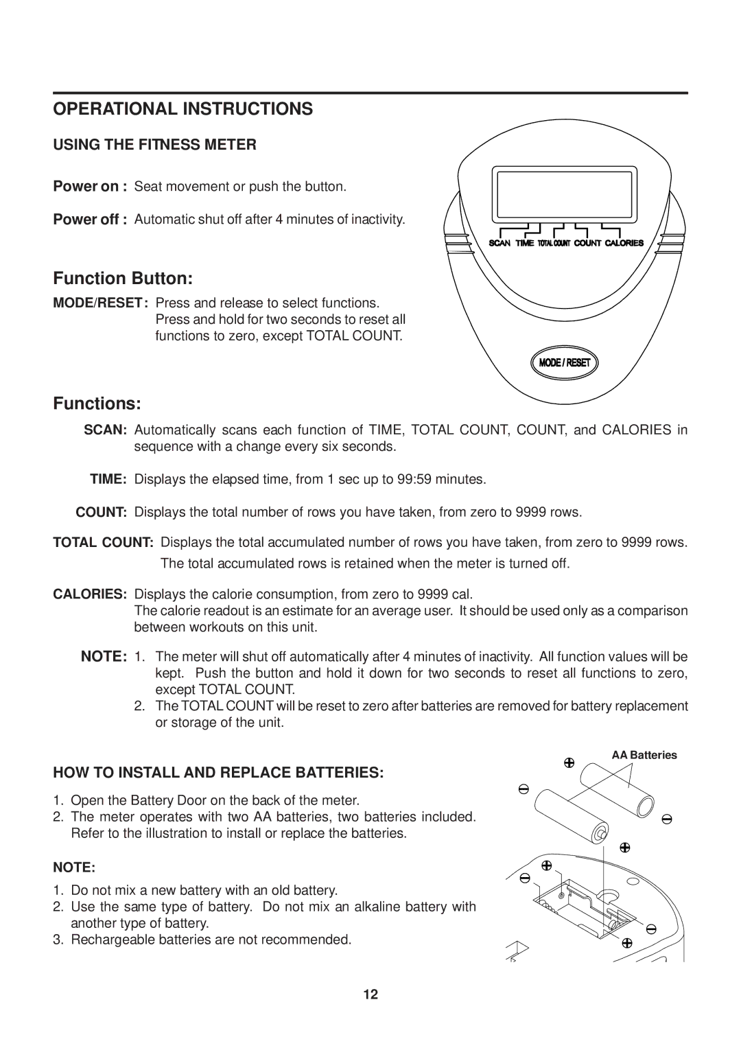 Stamina Products 35-1050C owner manual Operational Instructions, Function Button, Functions, Using the Fitness Meter 