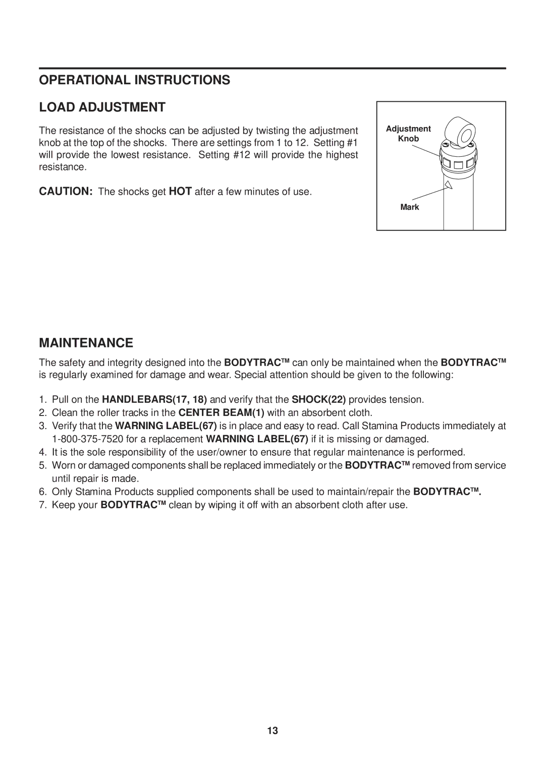 Stamina Products 35-1050C owner manual Operational Instructions Load Adjustment, Maintenance 