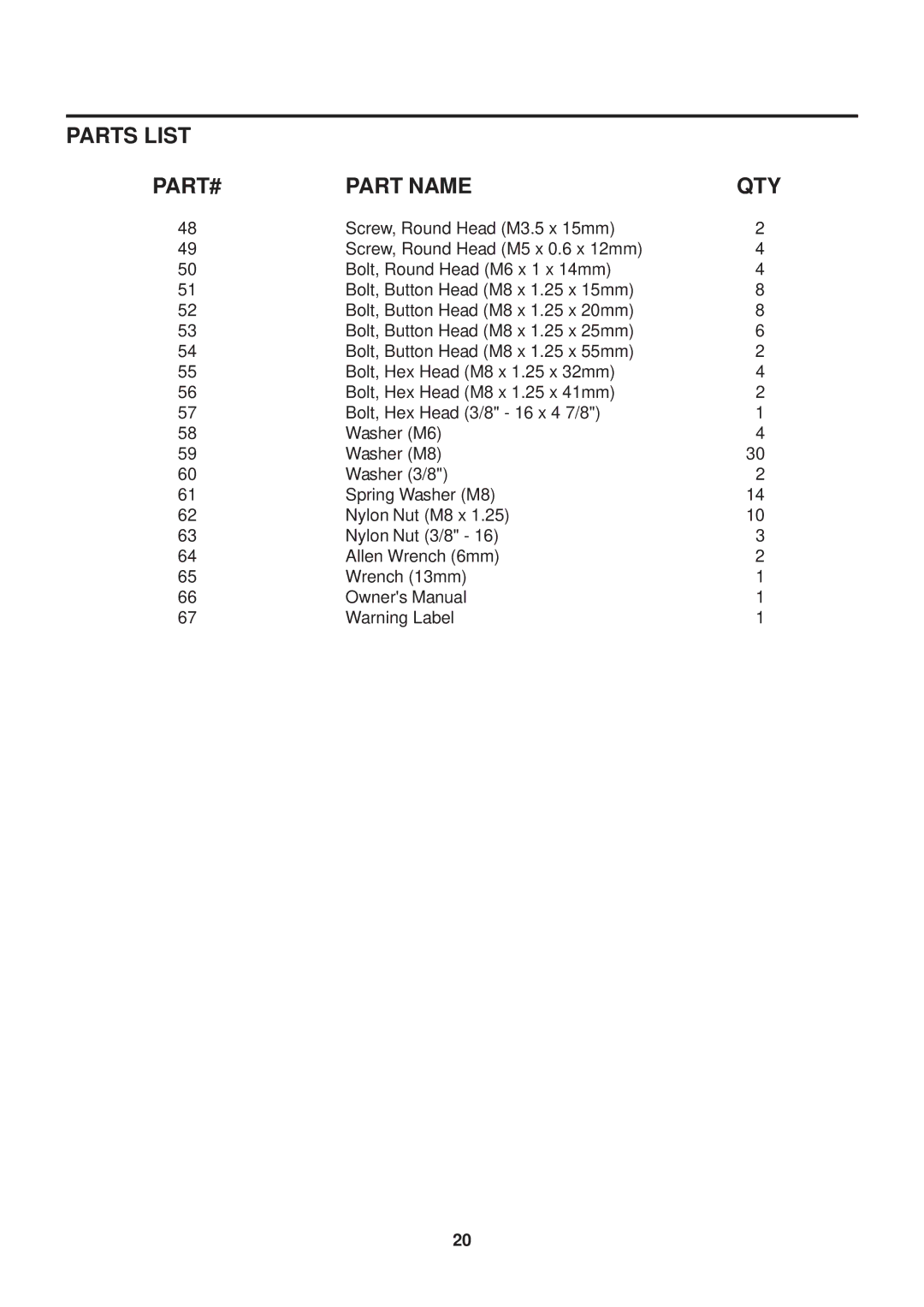 Stamina Products 35-1050C owner manual Part Name QTY 