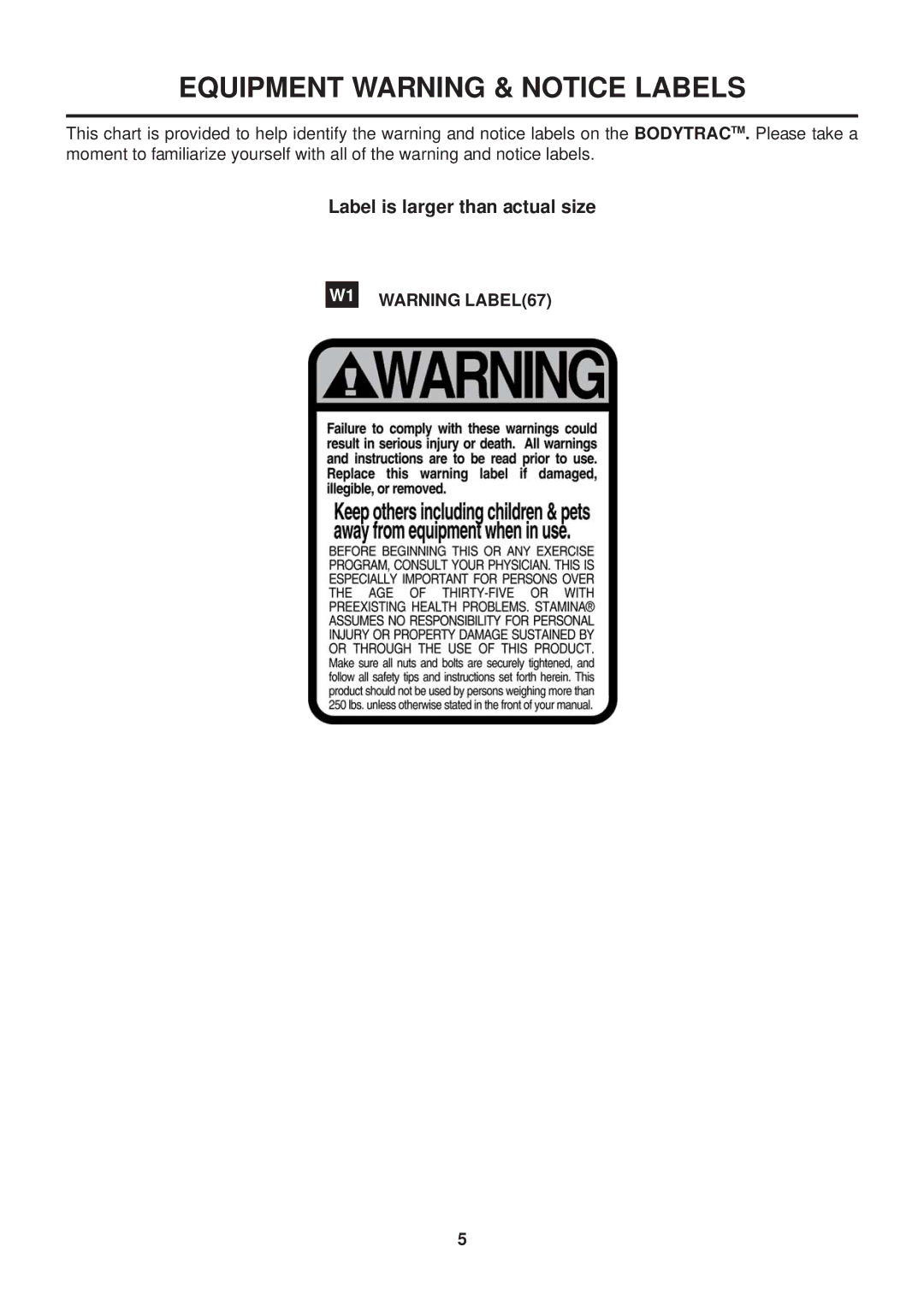 Stamina Products 35-1050C owner manual Equipment Warning & Notice Labels 