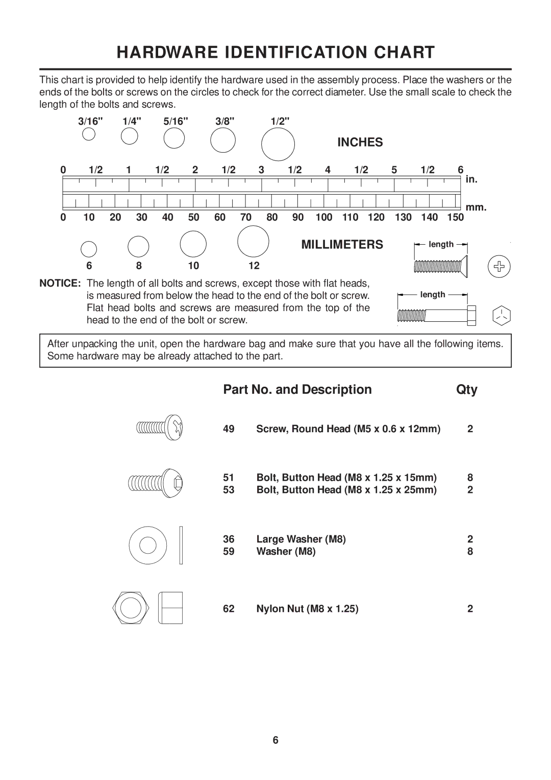 Stamina Products 35-1050C owner manual Hardware Identification Chart, Part No. and Description Qty 