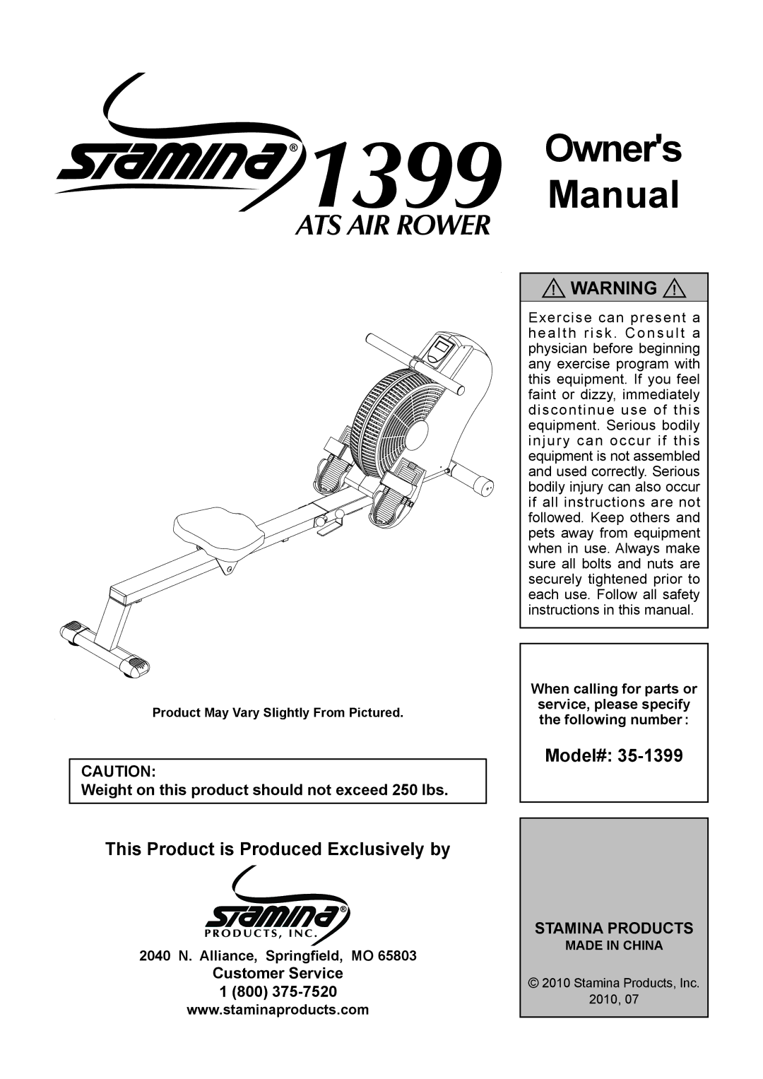 Stamina Products 35-1399 owner manual This Product is Produced Exclusively by, Stamina Products 