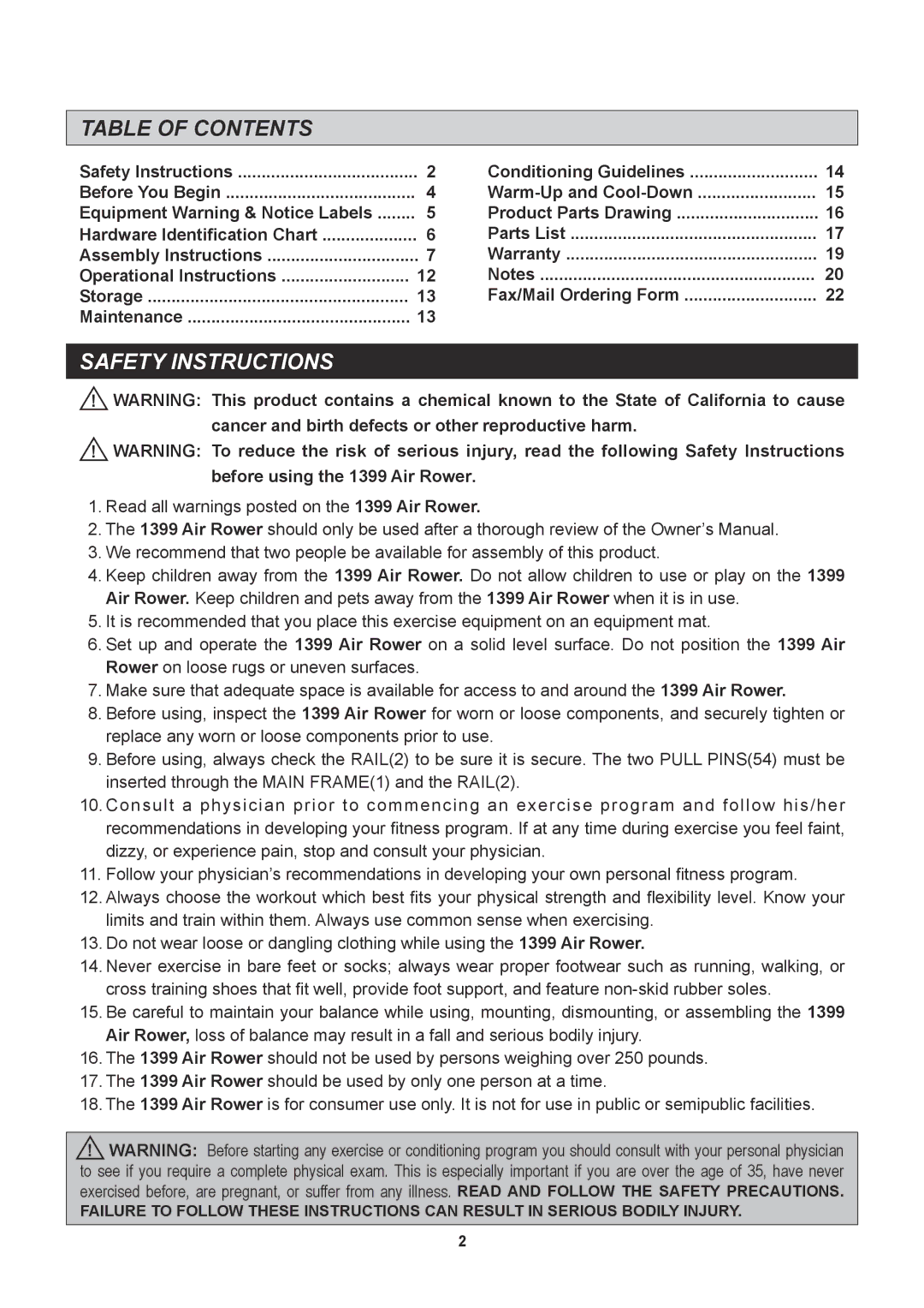 Stamina Products 35-1399 owner manual Table of Contents, Safety Instructions 