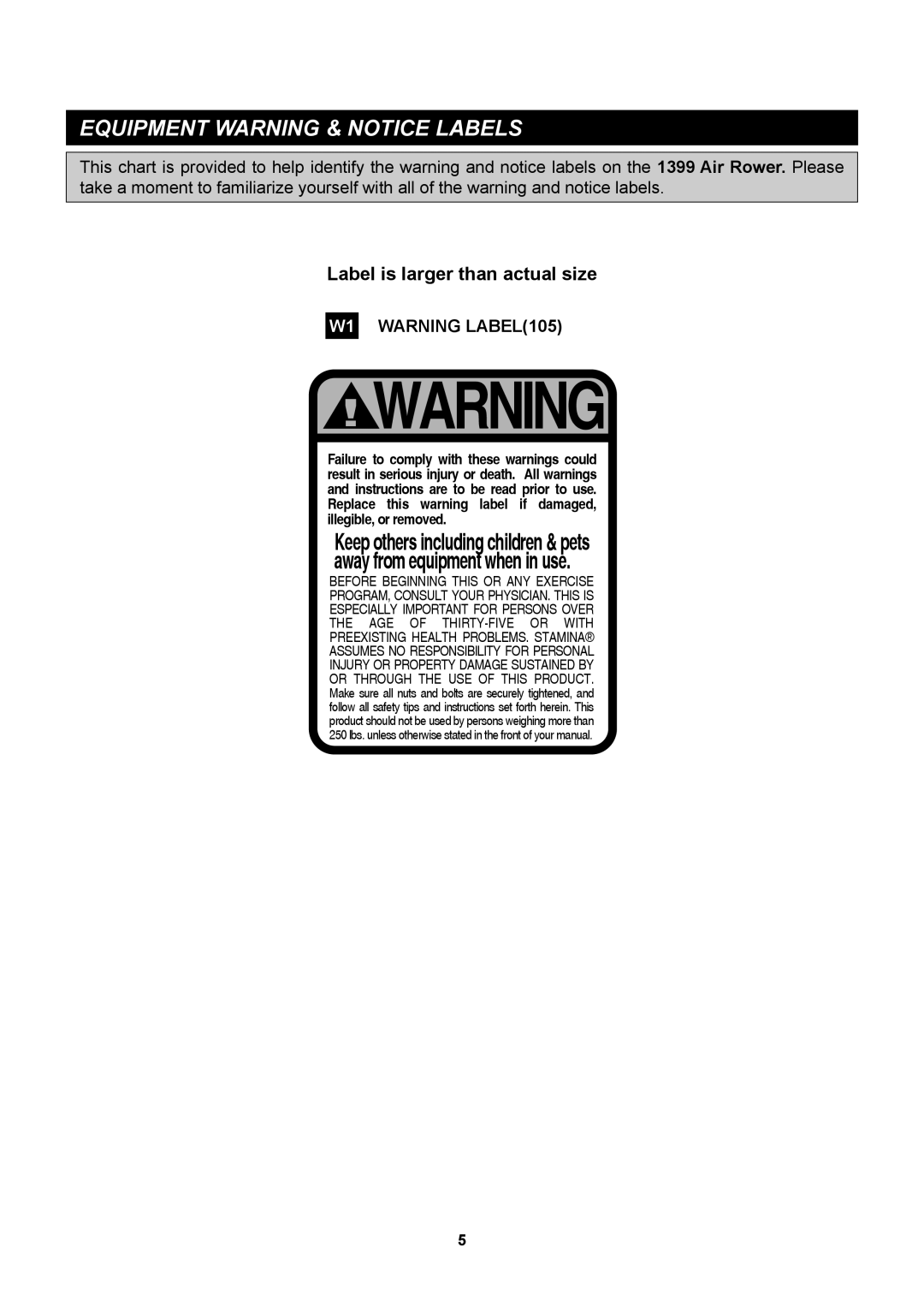 Stamina Products 35-1399 owner manual Equipment Warning & Notice Labels, Label is larger than actual size 