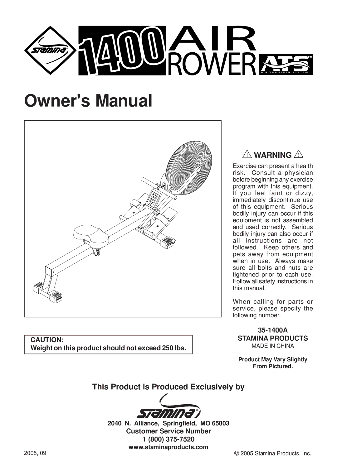 Stamina Products 35-1400A owner manual Weight on this product should not exceed 250 lbs, Stamina Products 