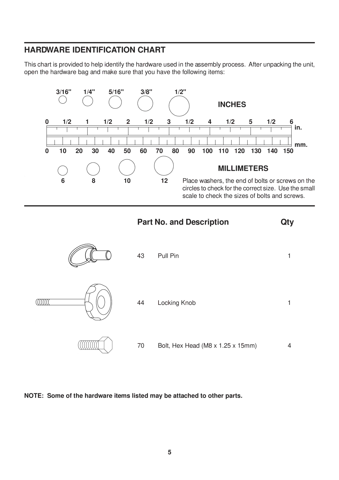 Stamina Products 35-1400A owner manual Hardware Identification Chart, Millimeters 