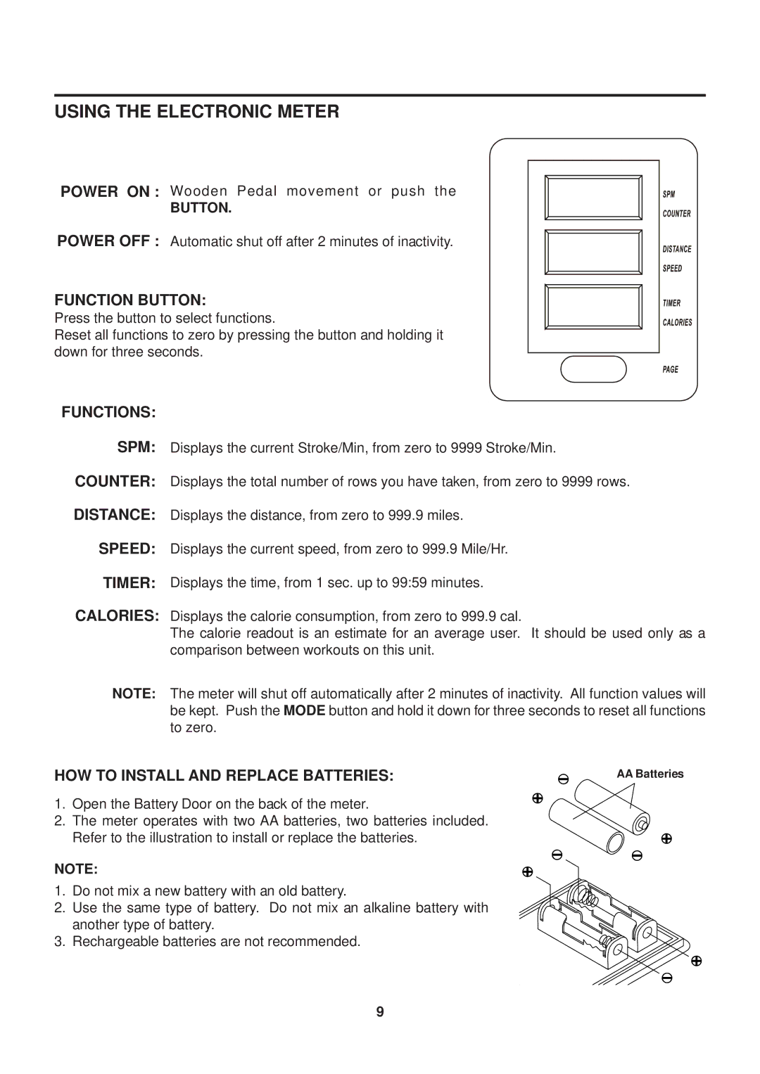 Stamina Products 35-1400A Using the Electronic Meter, Function Button, Functions, HOW to Install and Replace Batteries 