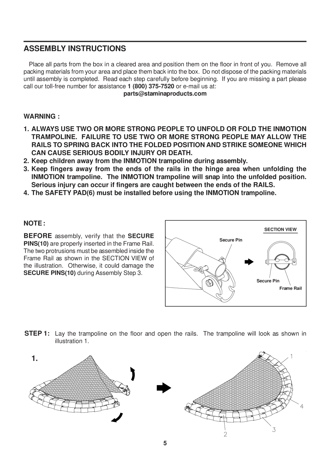 Stamina Products 35-1625DW owner manual Assembly Instructions, Parts@staminaproducts.com 